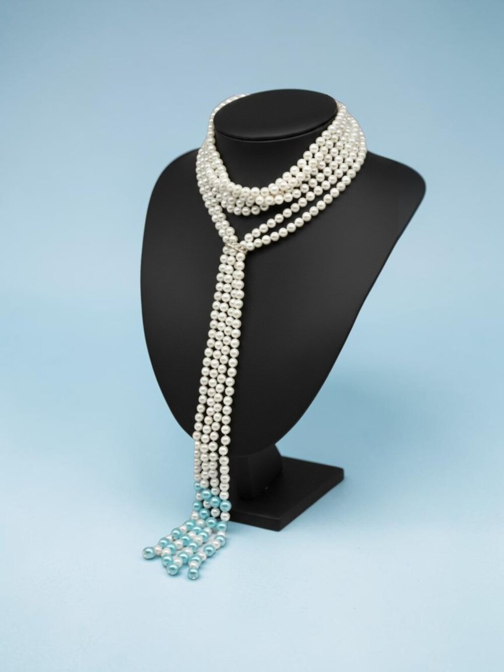 6mm White and 8mm Blue Shell Pearl Round Beads Long Pendant Scarf Necklace
